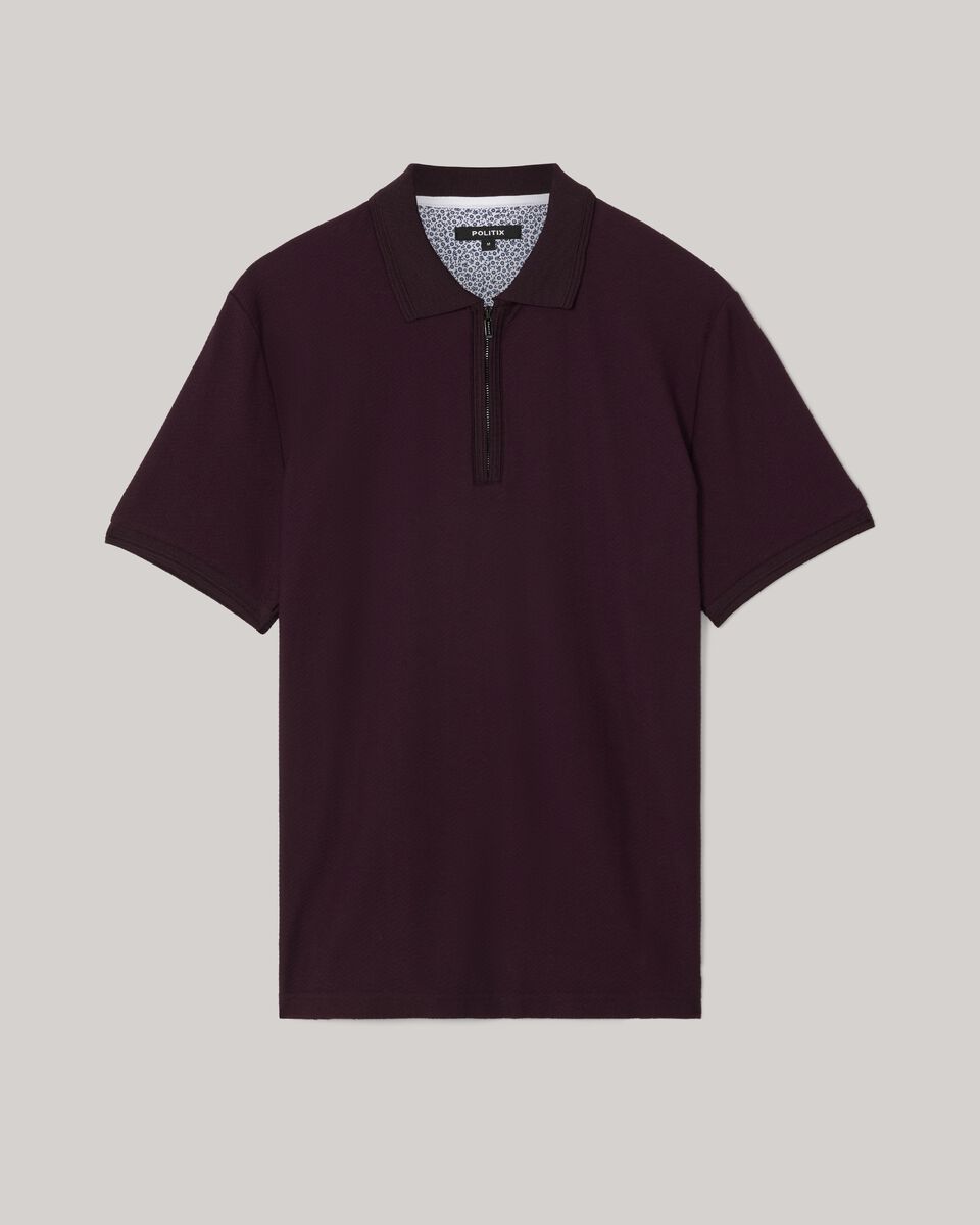 Textured Zip-up Polo, Aubergine, hi-res